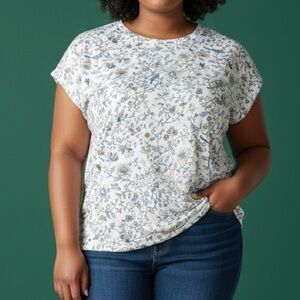 Ann Taylor LOFT Plus- Bird Split Sleeve Mixed Media Top Whisper White Size 20